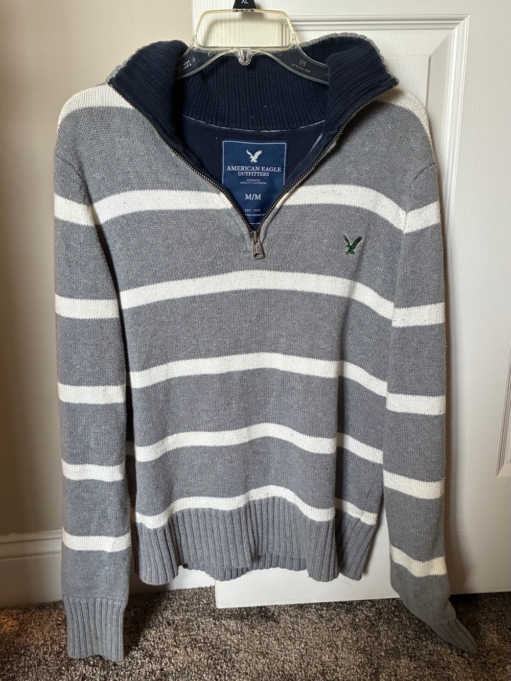 American Eagle Outfitters Gray & White Striped Half-Zip Sweater